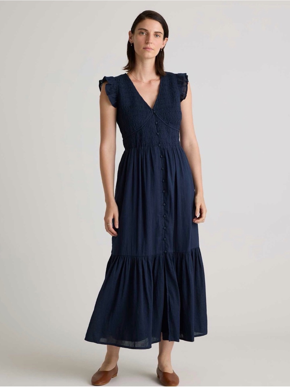 Quince Navy Blue Midi Button-Front Dress